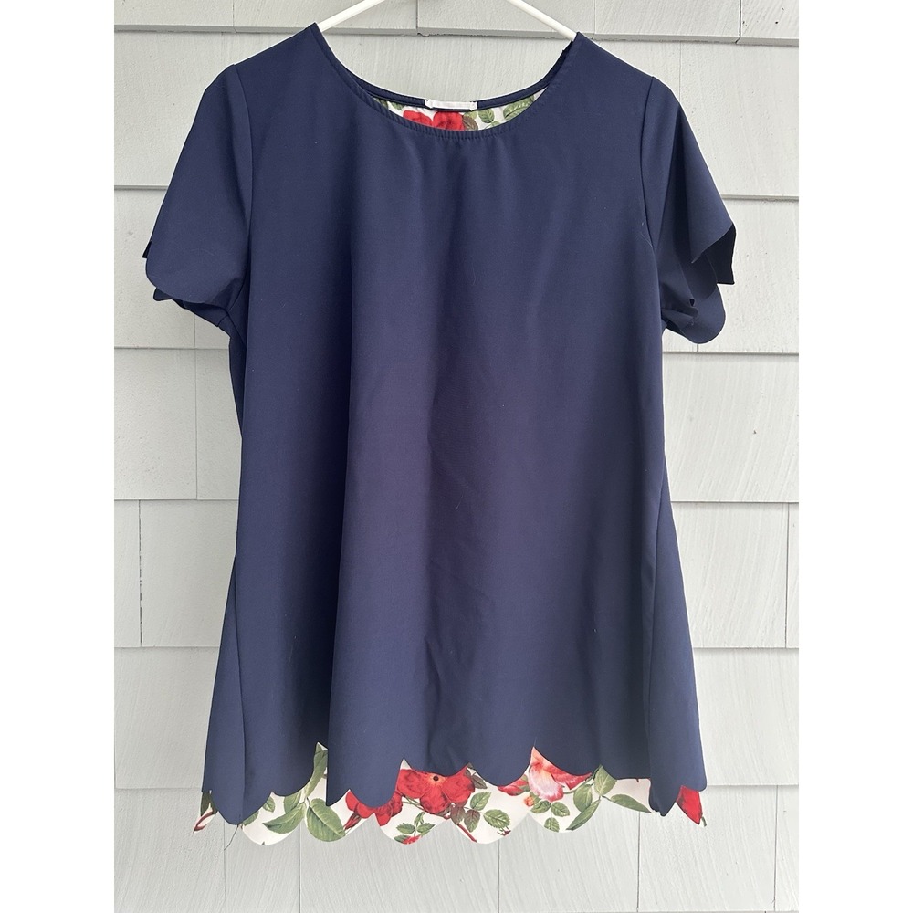 12PM By Mon Ami Women's Navy Blue Floral Scalloped Hem Shortsleeve Blouse Size M